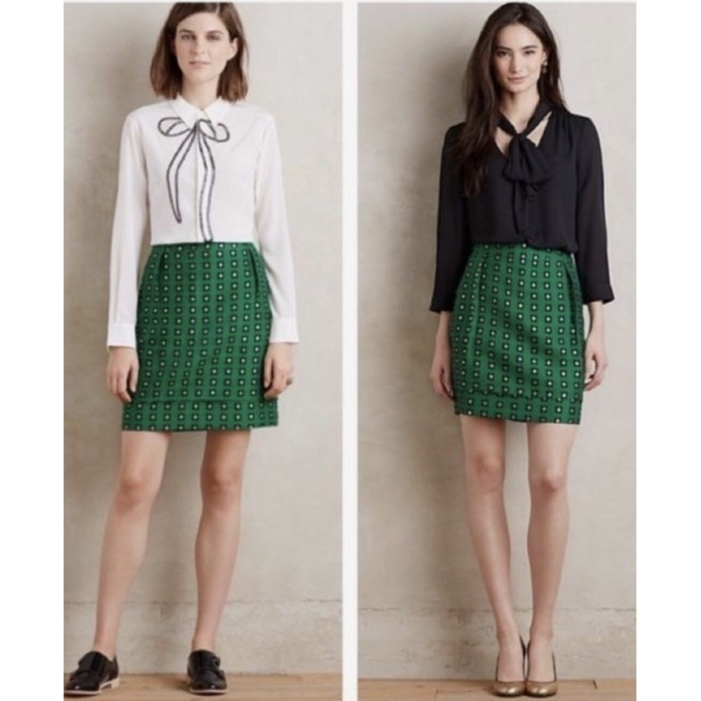 HD in Paris Anthropologie Sz 0 Green Garden Glimmer Floral Layered Pencil Skirt